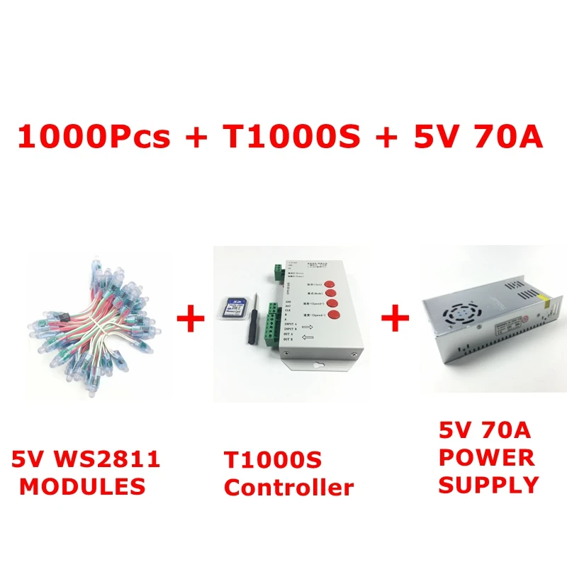 1000pcs 12mm WS2811 IC Full Color Pixel LED Module Light Waterproof RGB Color Digital Pixel Light DC5V 70A T1000S Controller Kit
