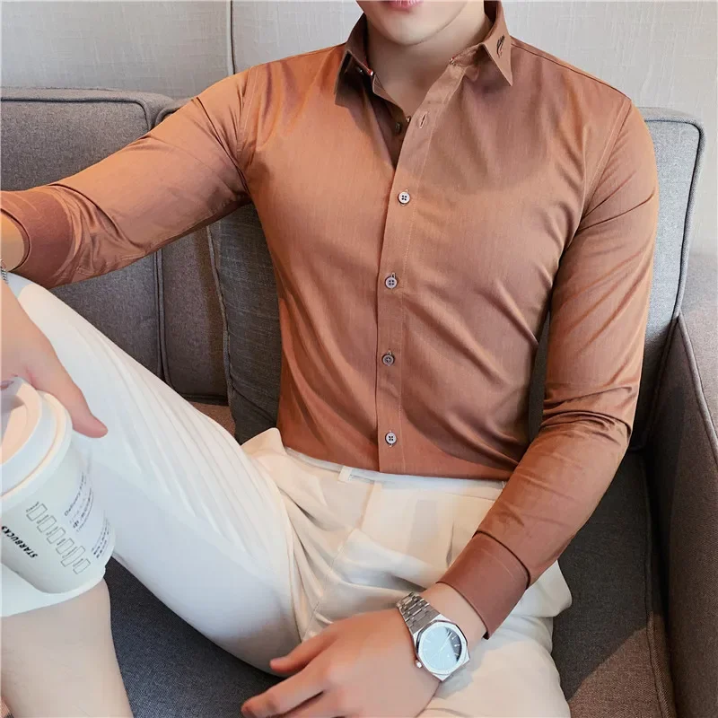 

Fashion Streetwear Designer Luxury Mens Shirts Business Long Sleeve Solid Social Blouse Men Wedding Prom Slim Tuxedo Dress Shirt