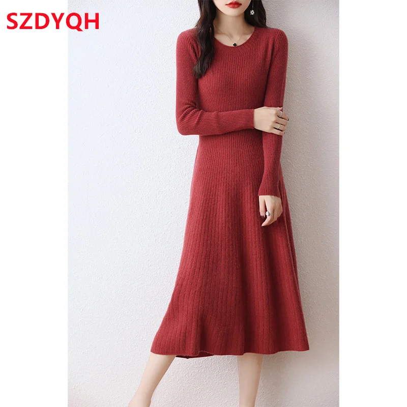 2023 Autumn Winter High Elasticity 100% Wool Thicken Sweater Dress Women Warm Slim Dresses Female Casual Basic Knitted Pullover