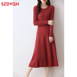 2023 Autumn Winter High Elasticity 100% Wool Thicken Sweater Dress Women Warm Slim Dresses Female Casual Basic Knitted Pullover