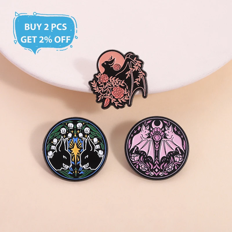 Floral Bat Spooky Enamel Pins Creepy Bat Midnight Nightmare Animal Brooches Lapel Badge Halloween Jewelry Gifts for Friends