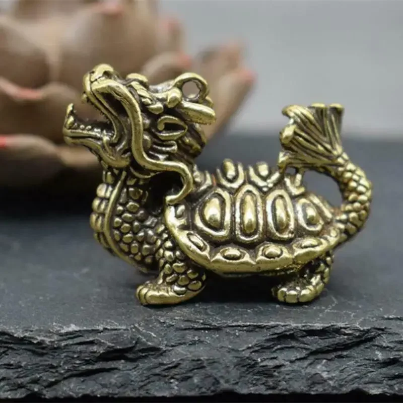 Solid Brass Retro Carved Statue Figure Keychain Dragon Head Turtle Body Pendant