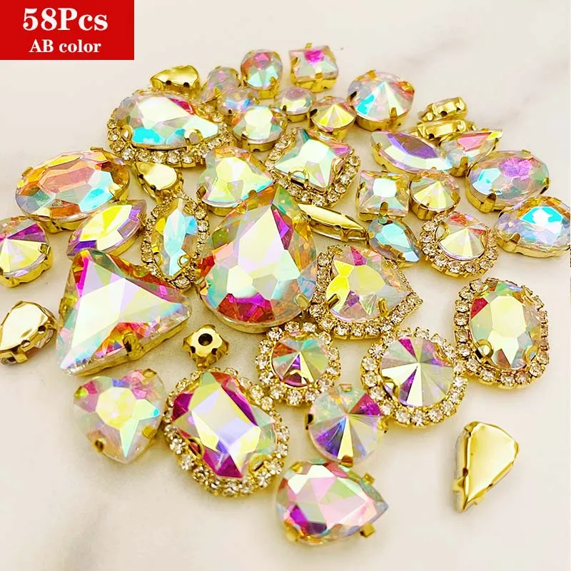 Mixed 58Pcs AB Color Glass Rhinestones, Golden Crystal Buckle, Sewing Accessories, Use for Needlework, DIY Clothing Decoration