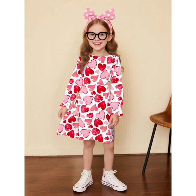 

2025 Girls Valentine's Day Heart Print Long Sleeve Dress - Cute Flounce Sleeve A-Line Swing Dress for Kids Casual Party Outfit
