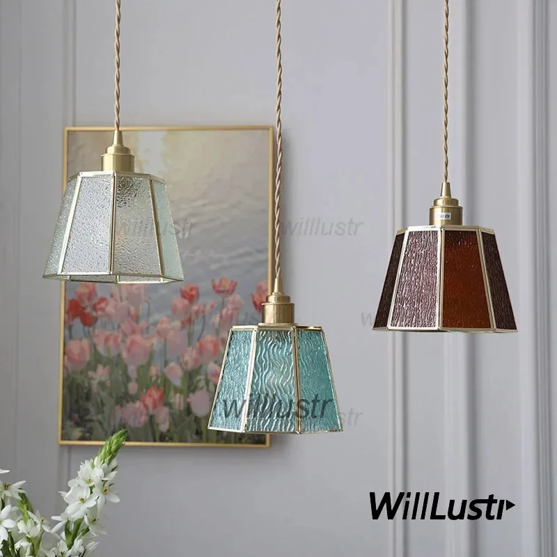 

Vintage Glass Pendant Lamp Water Ripple Bubble Brass Suspension Light Hotel Cafe Bar Handmade Polygon Hanging Ceiling Chandelier