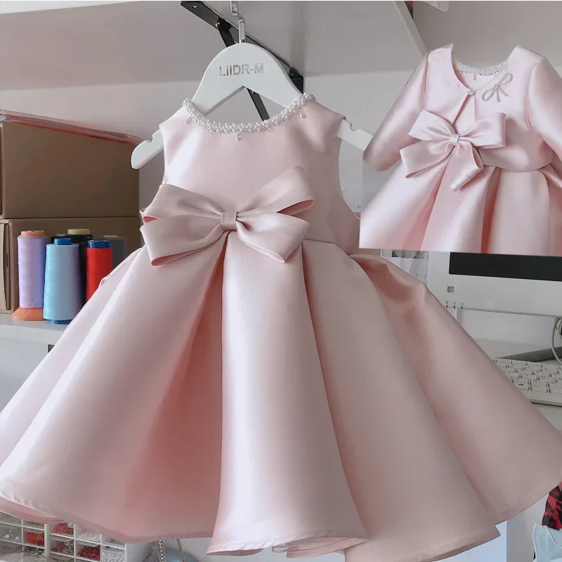 

Children Luxury Birthday Party Dress for Girls Pink Bow Satin Short Evening Gowns Wedding Bridesmaid Kids Formal Pageant Dresses