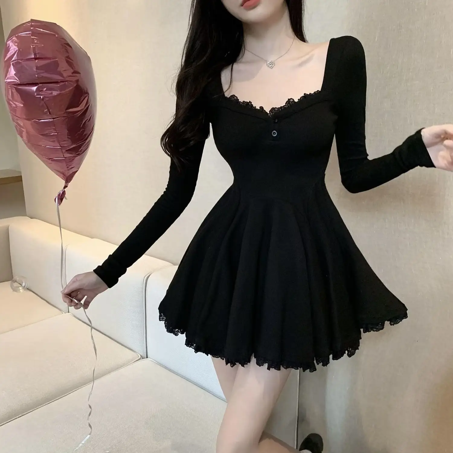 Spring Autumn 2023 Women's Dress New V-Neck Long Sleeve A- Line Top Dress Long Sexy Mini Dress for Women