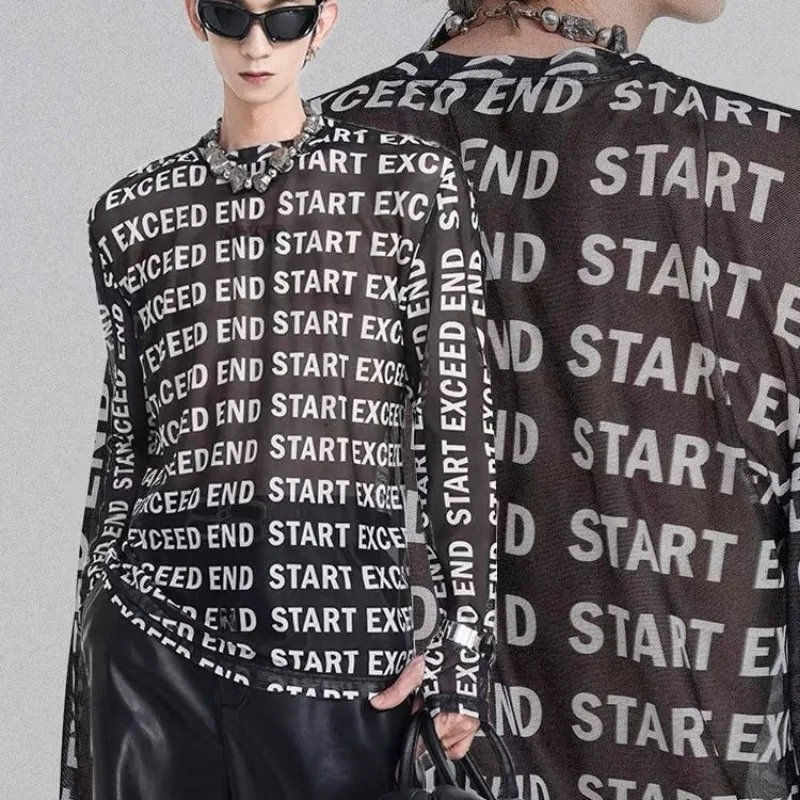 Fashion Letter Print Mesh T-shirt Mens Summer Tops Long Sleeve Sexy Bottom Shirt Sun Protection