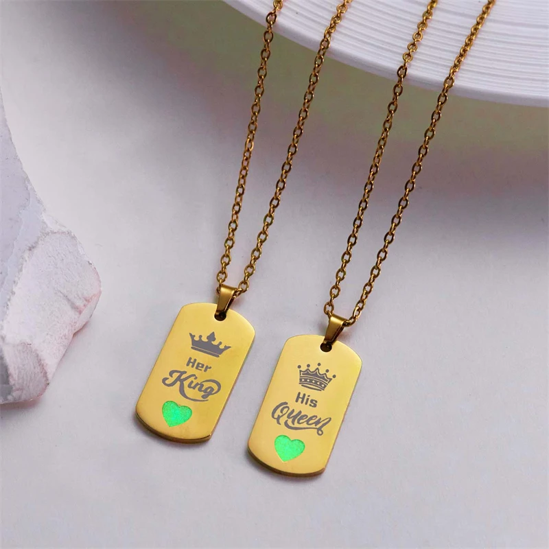 Luminous Necklace Stainless Steel Her King His Queen Crown Couple Necklace for Women Men Lovers Glow In The Dark Fashion Jewelry