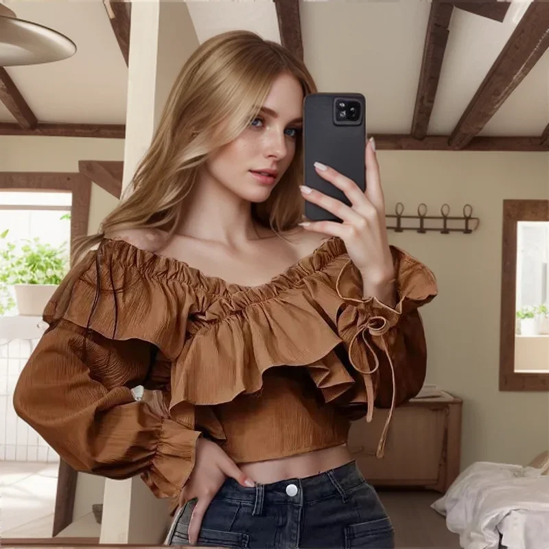 Spring Summer French Style Fashion Elegant Pure Sweet Shirt Slim Fit V Neck Ruffled Sleeve Casual Slash Neck Crop Top Korean