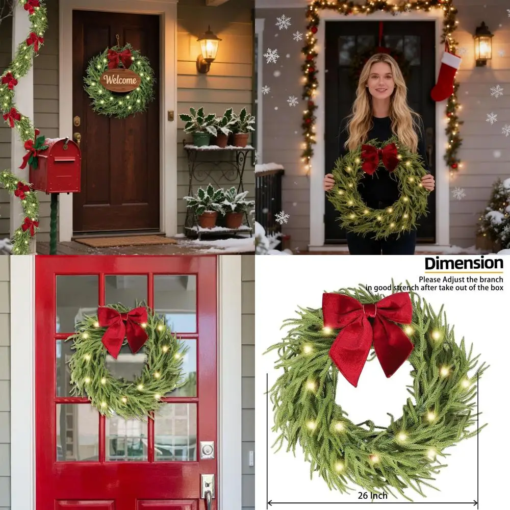 

Lighted 26 Inch Artificial Pine Wreath with Burgundy Velvet Bow for Christmas Door Decor