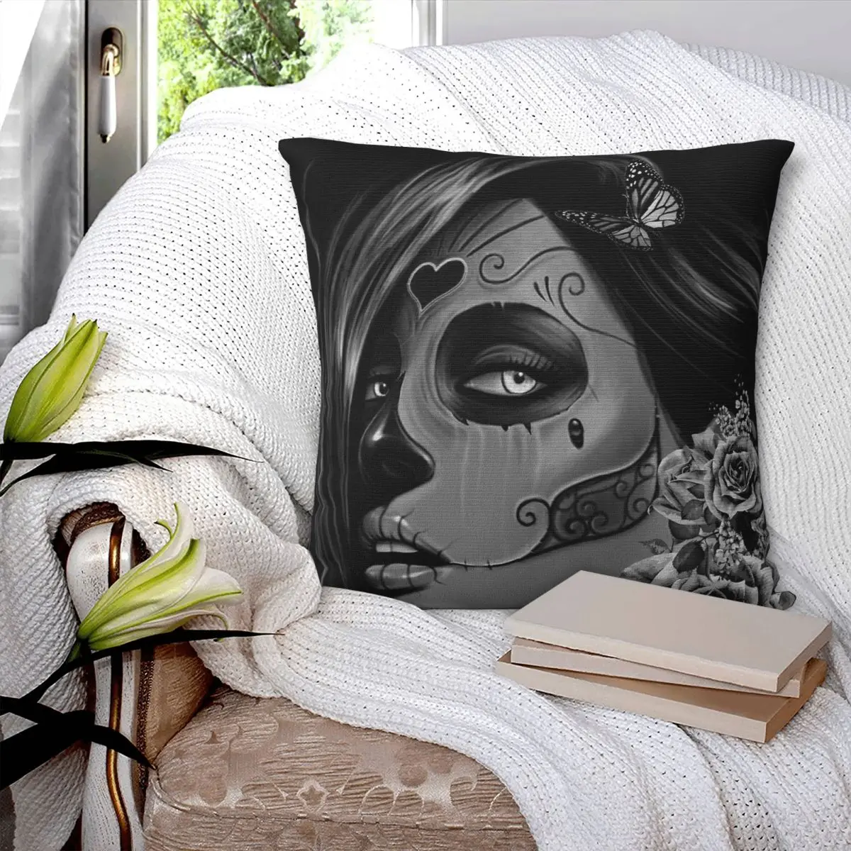 

Черно-белая наволочка с сахарным черепом для девочек, полиэстеровая наволочка с принтом, декор, наволочка, чехол для автомобиля, Прямая доставка