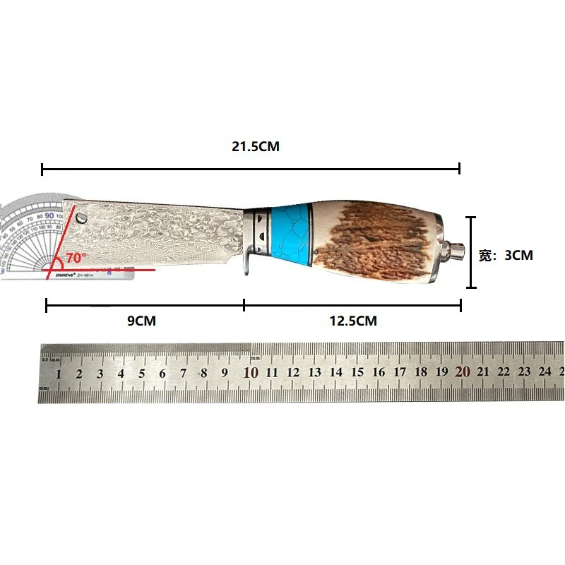 Handmade Natural Deer Antler + Turquoise Handle Fixed Blade Knife Damascus Steel Outdoor Camping Survival Knife For Self Defense