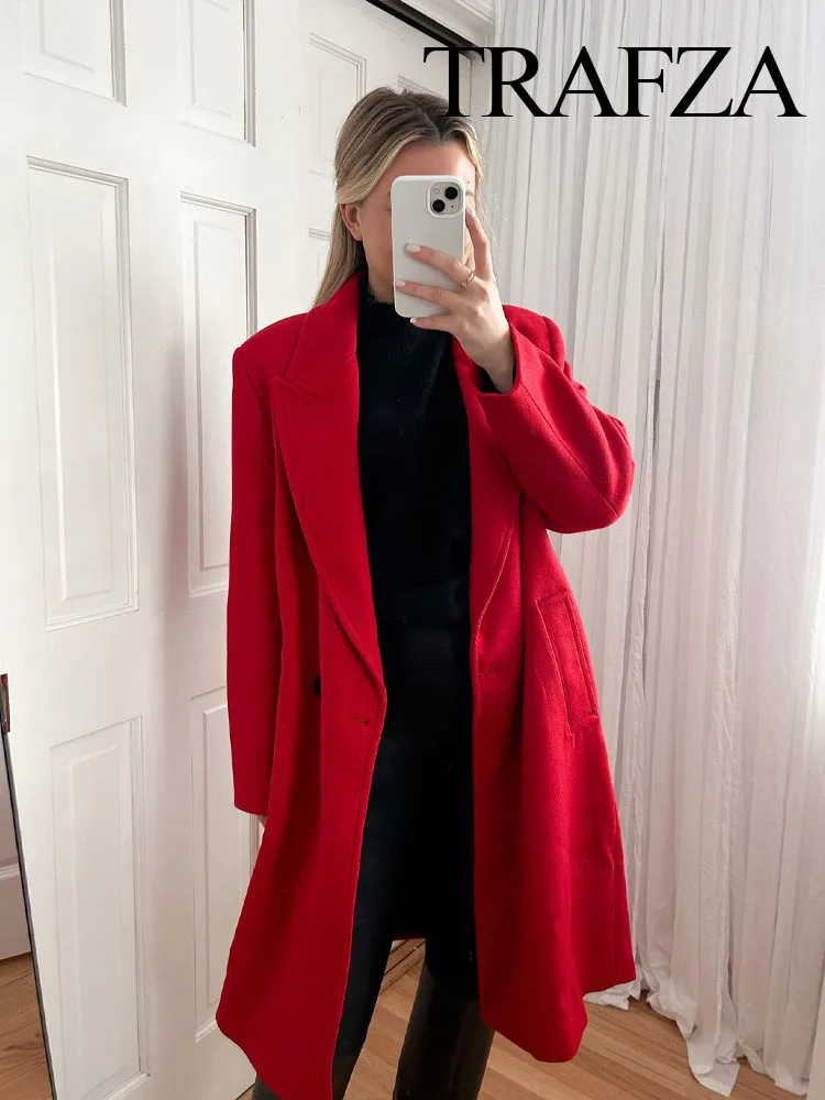 TRAFZA Elegant Women\'s Long Coat Jacket Winter Thickened Button Long Sleeve Women\'s Fashion Blended Loose Woolen Pocket Jacket