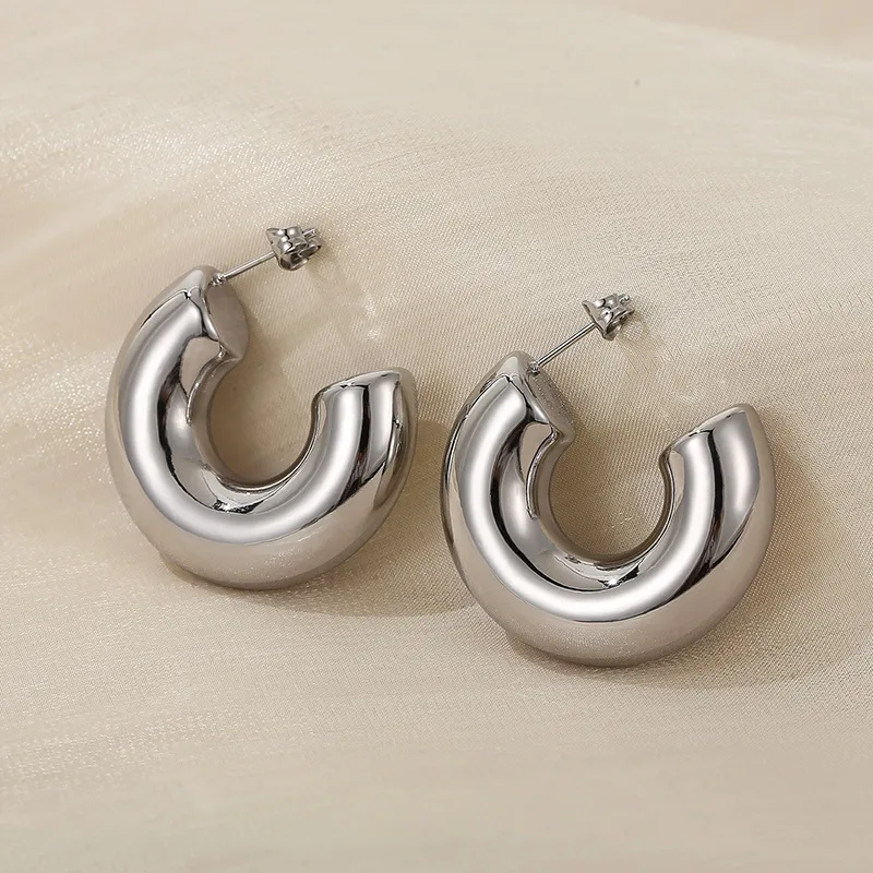 Mode Dicke Runde C Form Chunky Hoop Ohrringe Frauen Glänzend Kreis Gold Silber Farbe Stahl Nadel Stud Huggie Ohrringe Schmuck – Detail 5