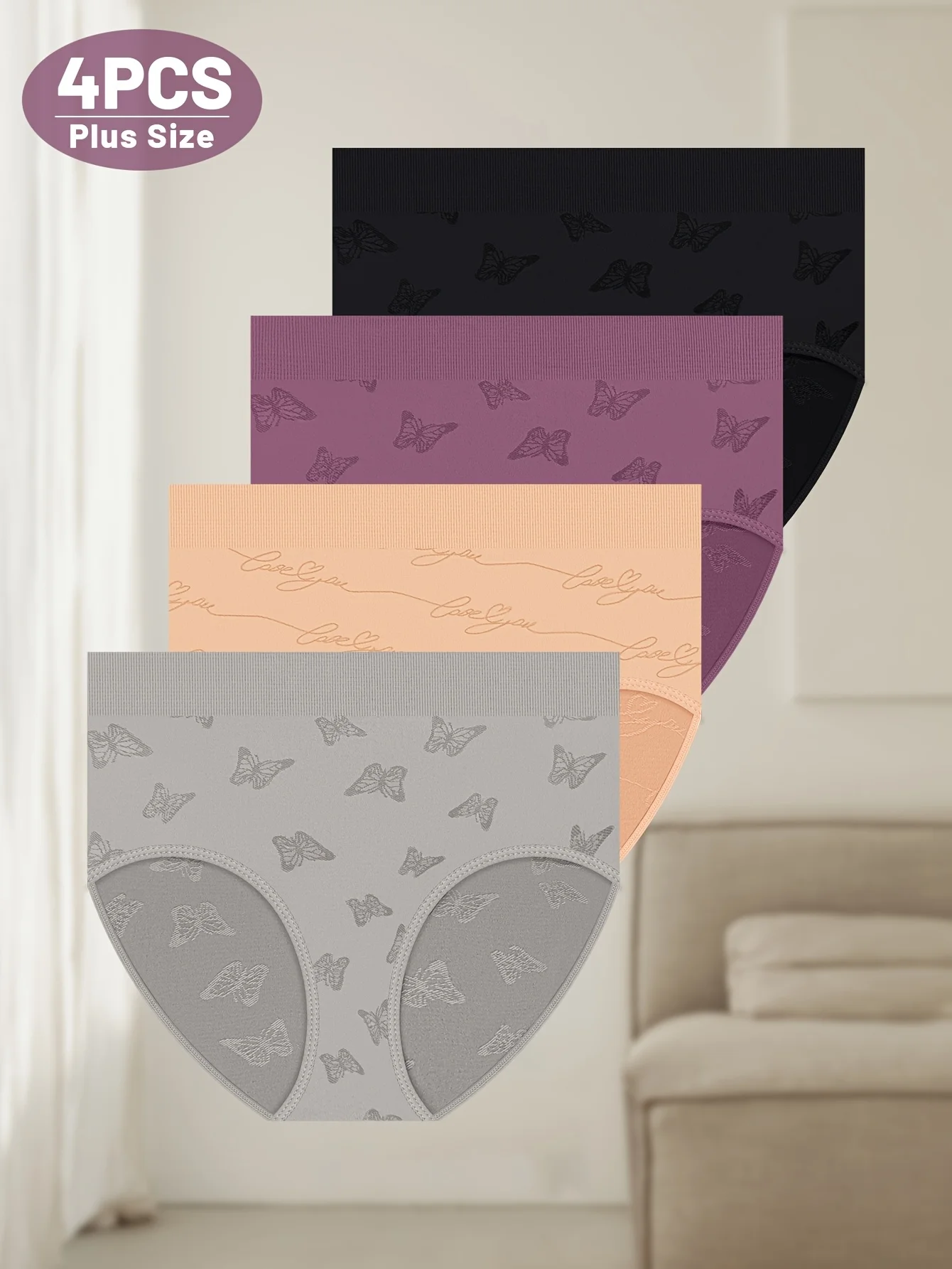 4ks dámských sexy kalhotek pro větší děti - Měkké pružné trojúhelníkové spodní prádlo s motýlím vzorem, prodyšná látka, pohodlný střih - náhled 4