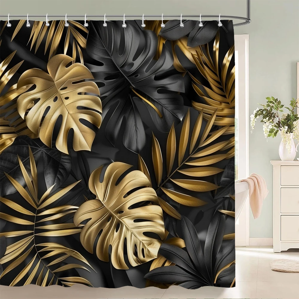 

1Pcs Tropical plants black and gold leaves printed fabric waterproof shower curtain, bathroom decoration curtain, with hooks