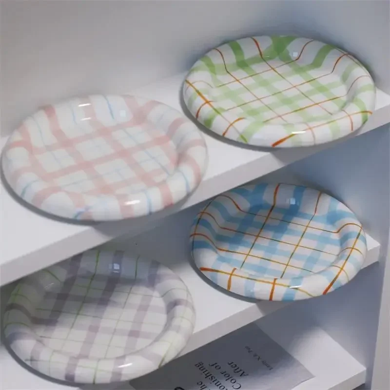 New Internet Celebrity Checkered Korean Version Ins Wind Plate Graffiti Plate Value Breakfast Dessert Plate Premium Afternoon