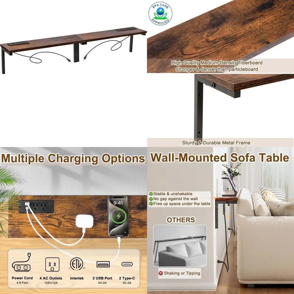 

Узкий консольный столик 70.8 дюймов с розеткой, 5.9-дюймовый приставной столик для дивана, 2 шт. настенных блока для розеток с 4 портами питания и 4 портами USB, кабель 4.9 фута, цвет: рустик-коричневый