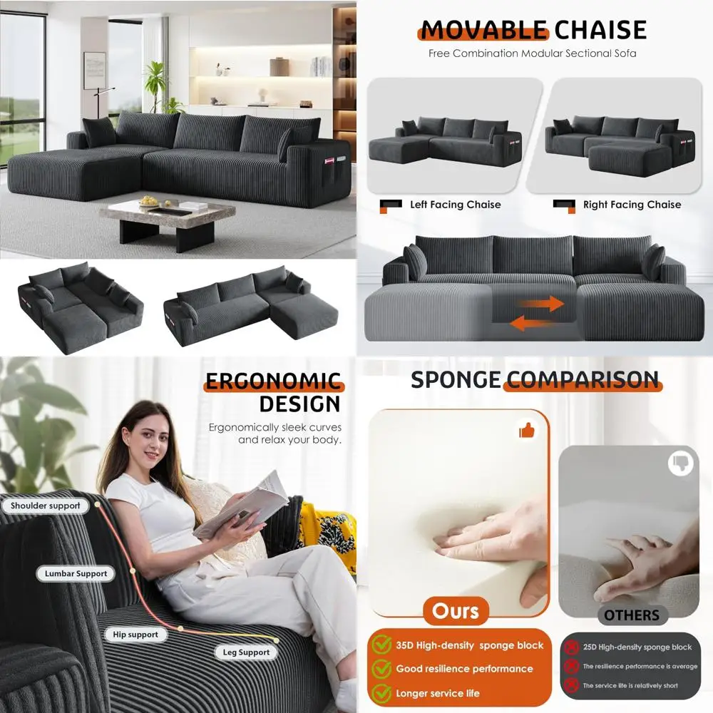 

"dark gray l-shaped corduroy modular sofa with no assembly needed"