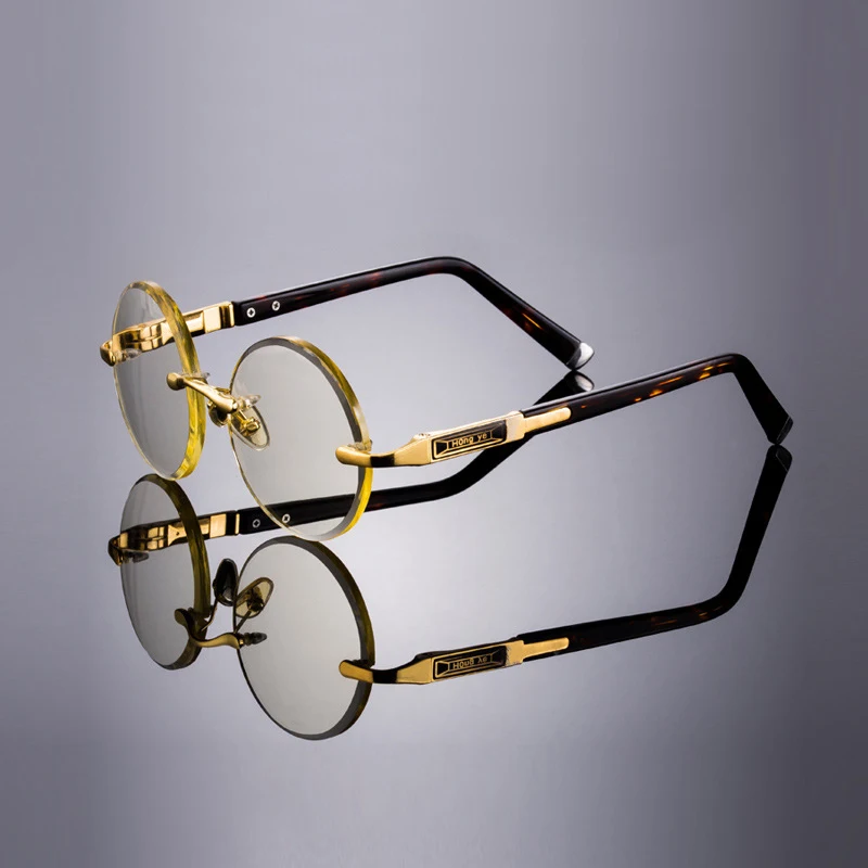 Round Rimless Glass Sunglasses Man Natural Crystal Sunglasses Mineral Lens Woman Luxury Brand Vintage Acetate Frame Anti Scratch