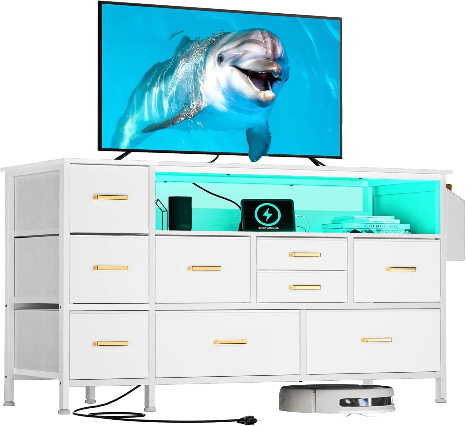 Yitahome Dresser Tv Stand For 55'' Tv, 9-Drawer Dresser With Power Outlet And Led Light, Wide Dresser With Metal Handle, White