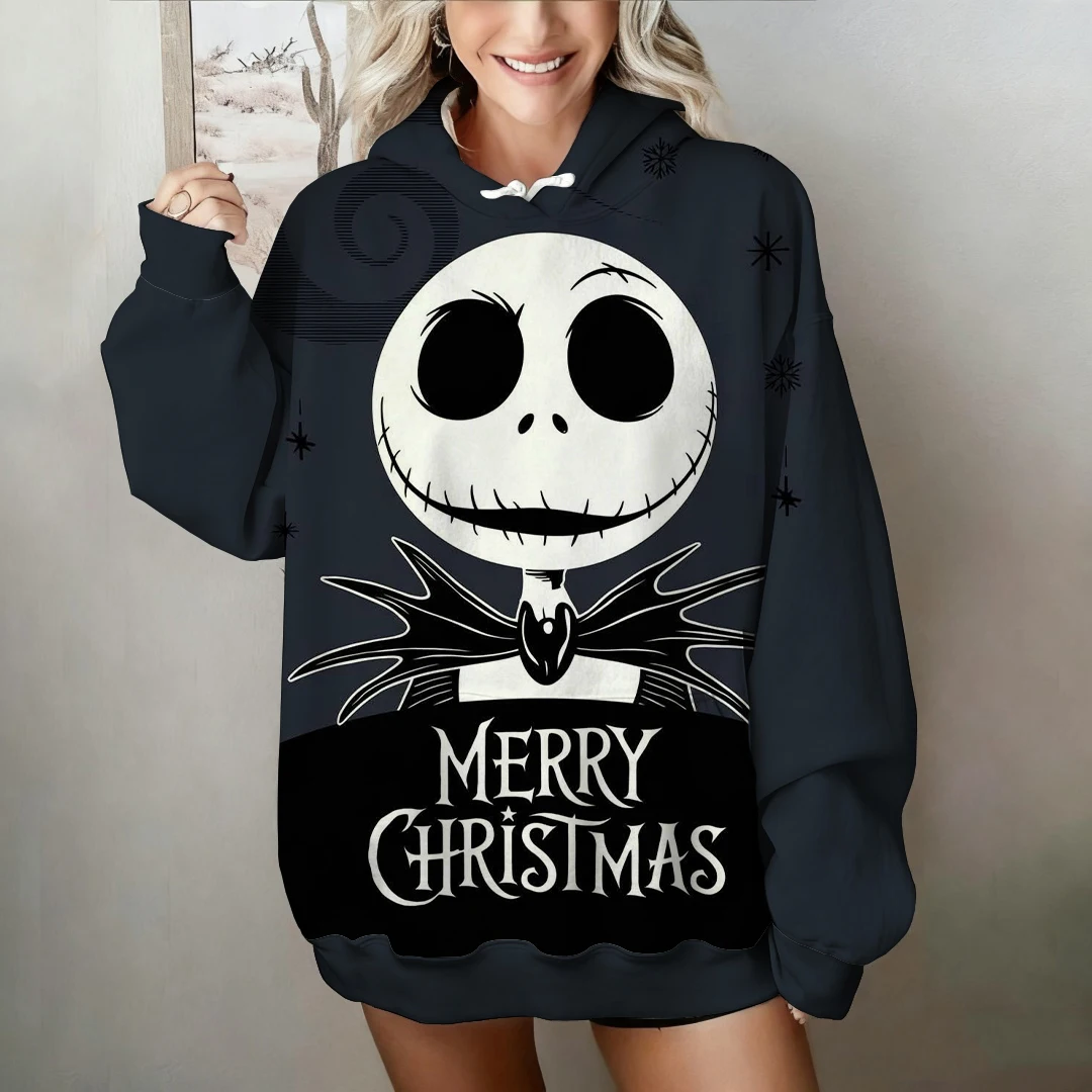 هوديي نسائي The Nightmare Before Christmas Jack Skellington طباعة دافئة للخريف والشتاء على طراز الشارع مظهر يومي غير رسمي