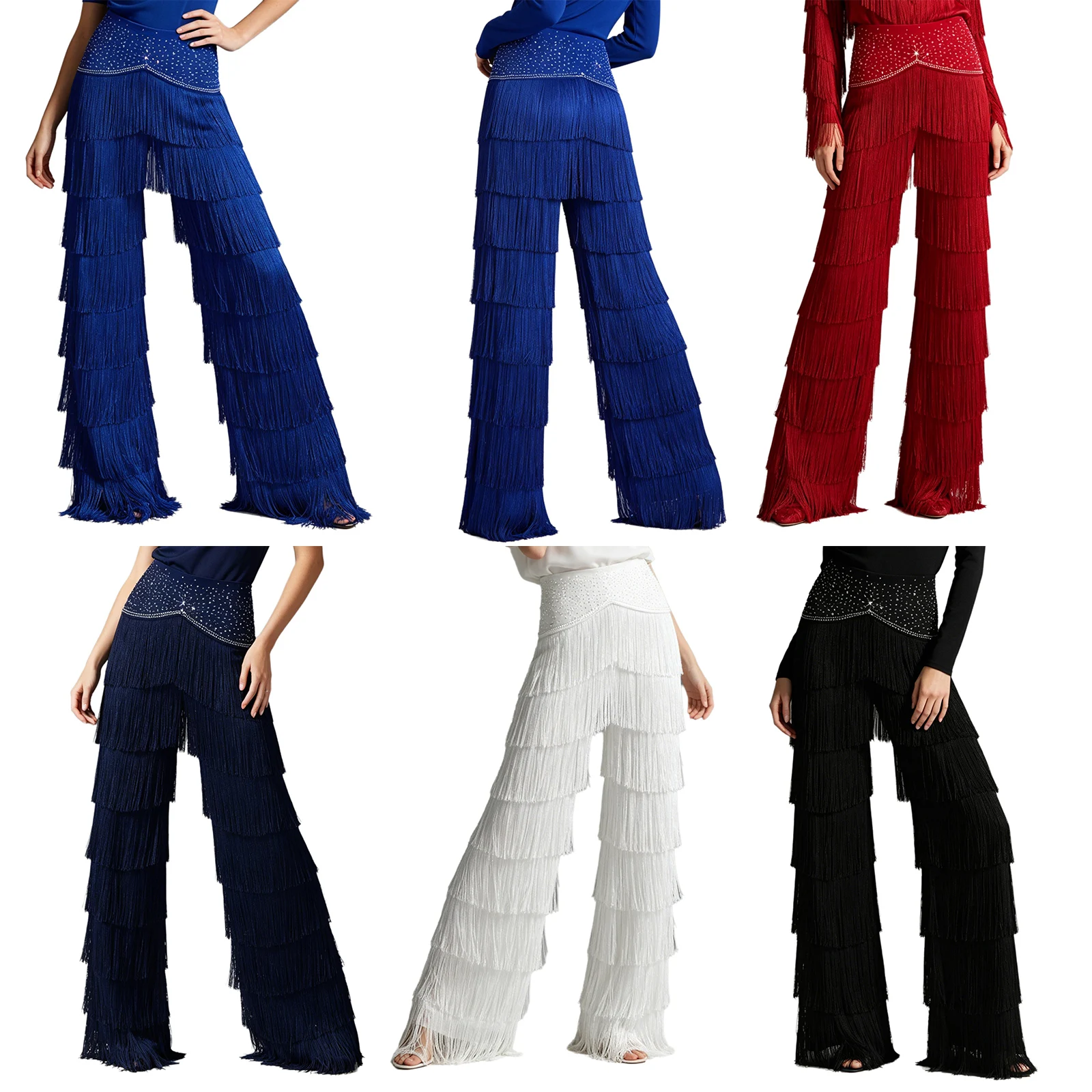 Women Tassels Latin Dance Pants Shiny Rhinestone Layered Fringed Trousers Tango Cha-cha Rumba Samba Ballroom Salsa Disco Costume
