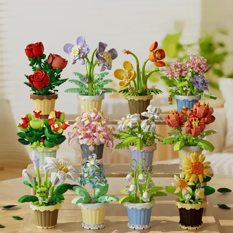 Piccoli blocchi di particelle Serie di decorazioni per la casa Set di giocattoli per piante in vaso di fiori con fiori permanenti Regalo per composizioni di piante