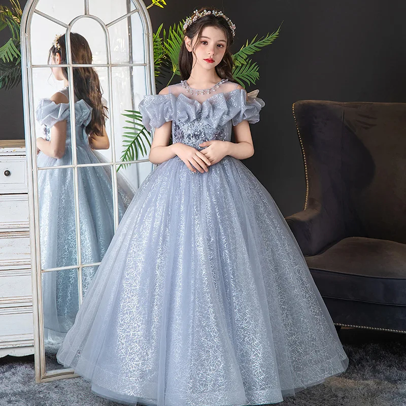 

Flower Girl Wedding Party Dresses New Gray Girls Long Round Neck Card Shoulder Dress Prom Birthday Performance Gowns Customized