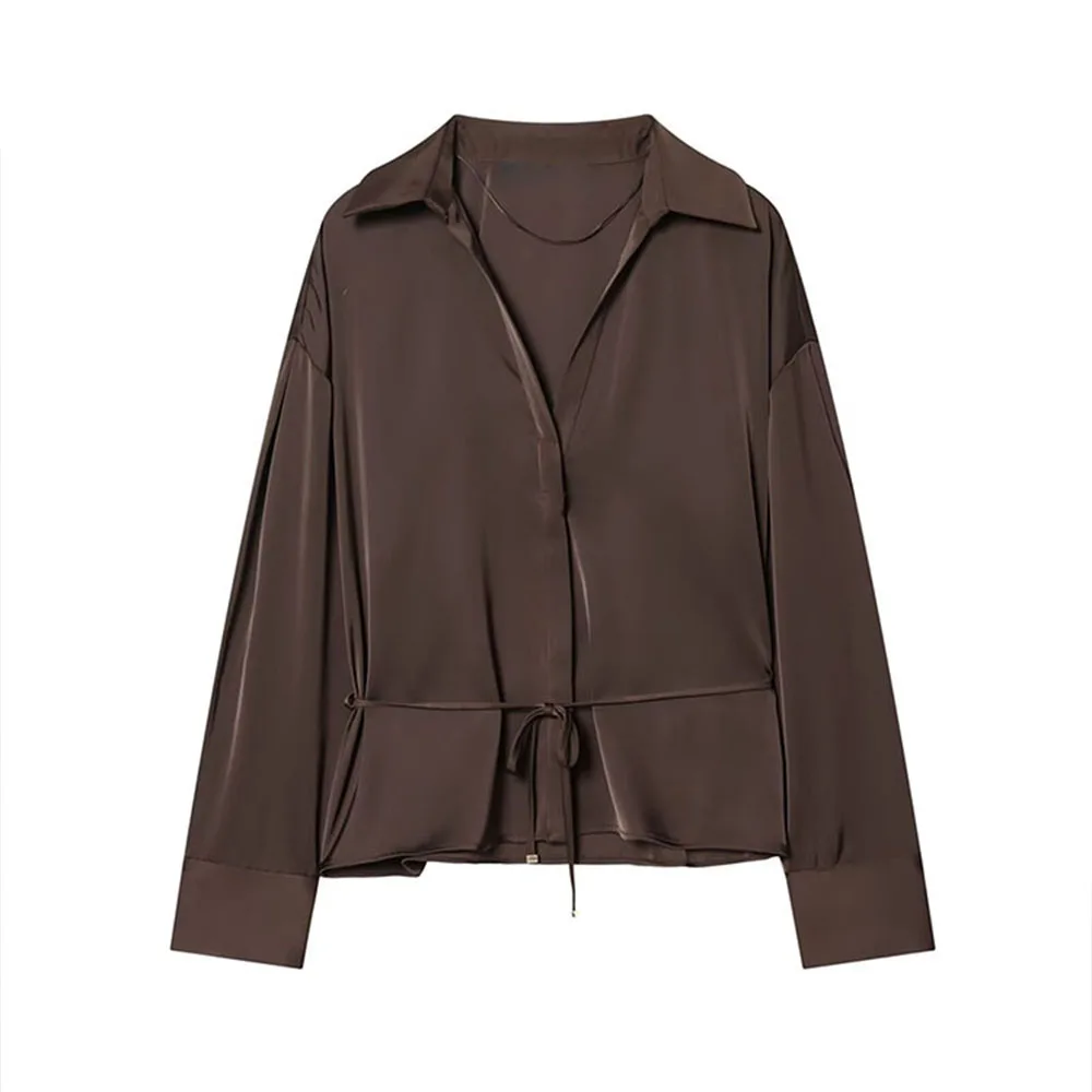 

WOMAN 2026 Summer New Fashion Casual Belt Silk Texture Shirt Retro Chic Long Sleeve Single breasted Women's Shirt Blouses Mujer