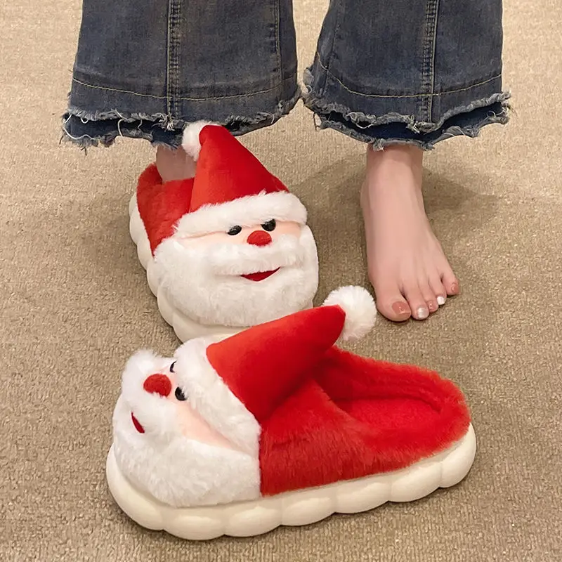 Warm Fluffy Christmas Slippers Women Men Santa Claus Fuzzy Shoes Soft EVA Cushion Fur Slides Plus Size Velvet Fur Flipflops