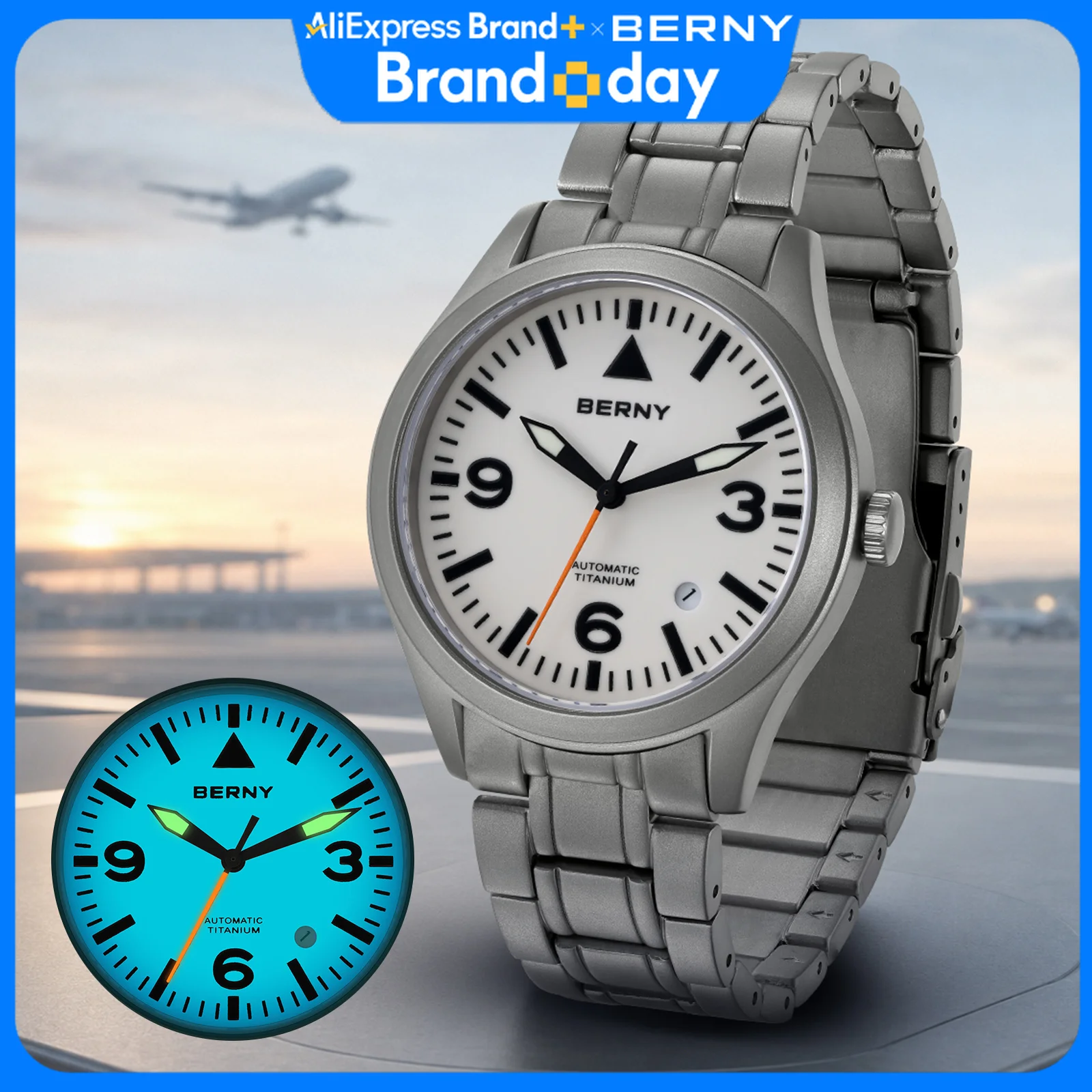 BERNY Aviation Top Titanium Mechanical Men Watch Sapphire AR Coating Supper Luminous 10Bar Sport Watch Titanium Aviation Watches