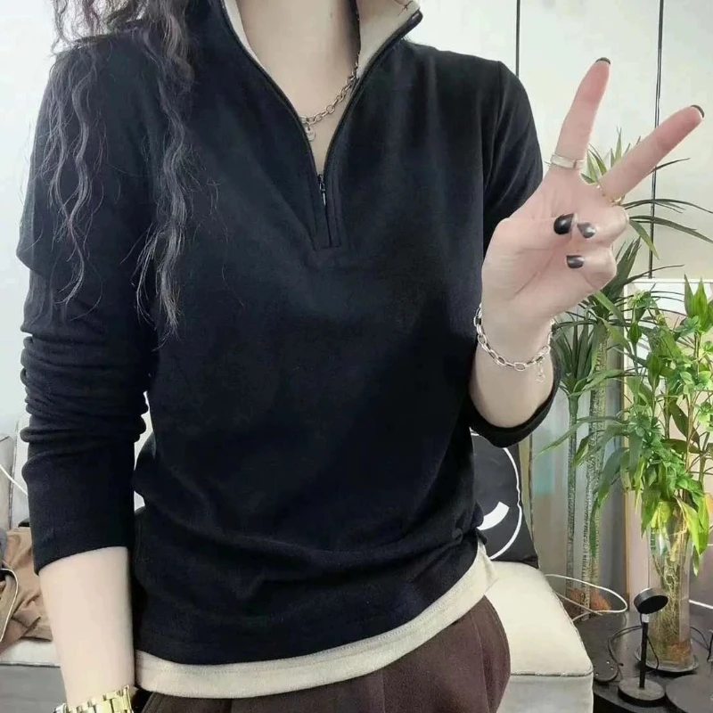 

Fake Two-piece Plus Size Casual Sports Tops Autumn Winter Long Sleeve Solid Zipper Fashion T Shirts Vintage Trend Women Clothing