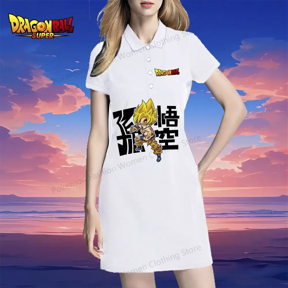 Dragon Ball Women's Polo Shirt Dresses Kakarotto Youthful Woman Clothes Street Wear Kawaii 2024 Summer One-piece Dress V Neck