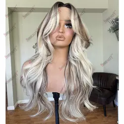 Dark Roots Ombre Platinum Blonde Full Lace Wig Human Hair Remy European Hair 13*6 Lace Frontal Wigs for Women Transparent Lace