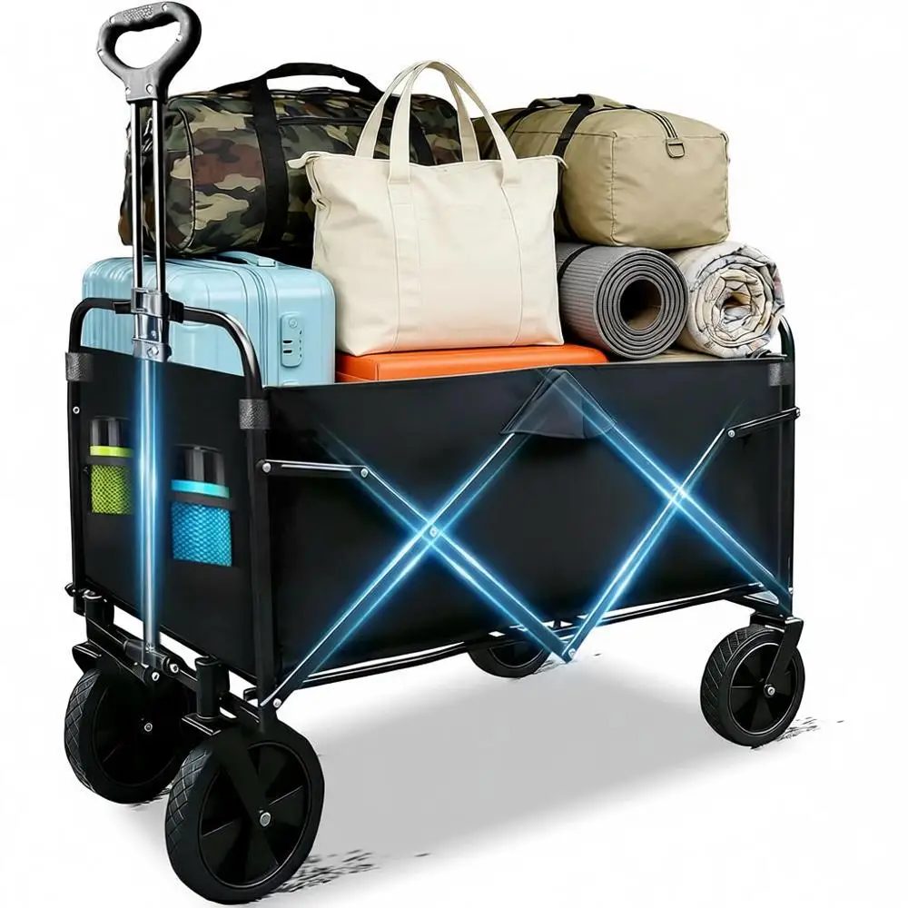 

Складная универсальная тележка, колеса для любой местности, грузоподъемность 420 фунтов, держатели для напитков, подходит для пляжа, сада, кемпинга, шопинга, путешествий.