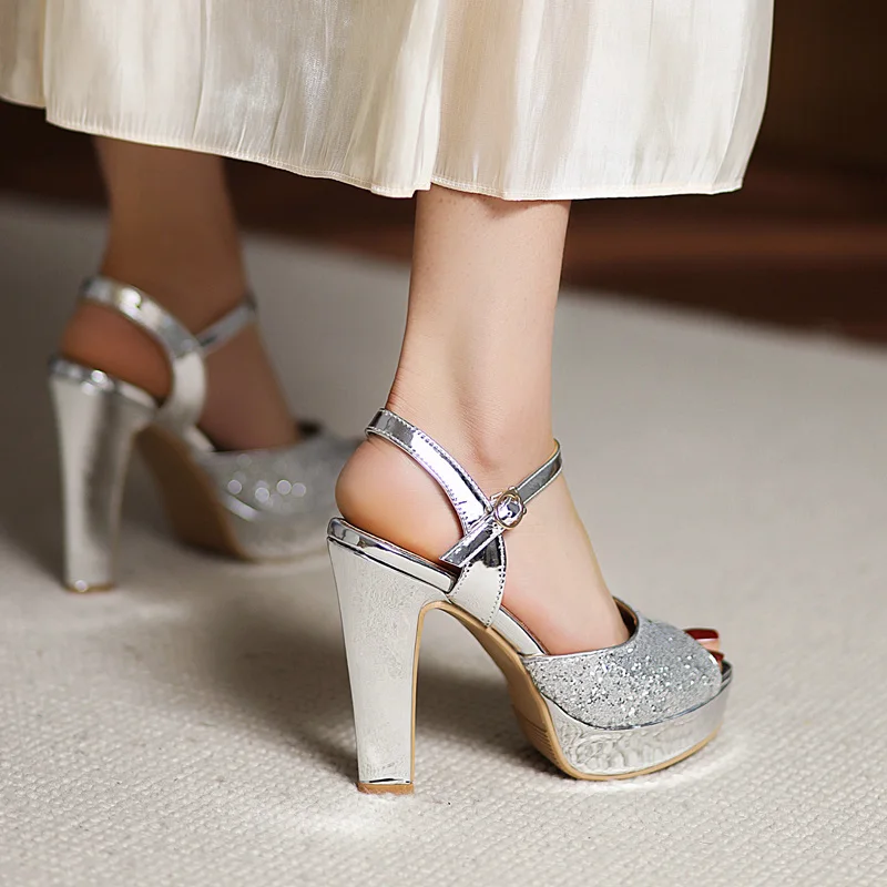 Elegant Silver Mirror PU Women Sandals Gold Sequined Cloth High Chunky Heel Wedding Party Office Lady Ankle Strap Platform Shoes - view 6