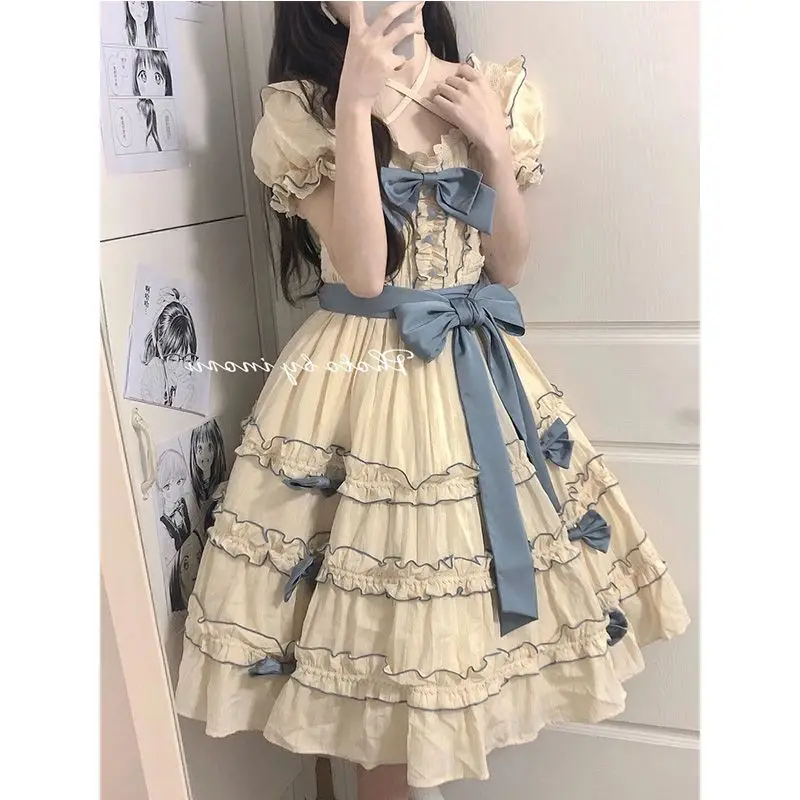 Victorian Vintage Princess Lolita Dress Elegant Sweet Bowknot Party Panel Lace Binding Bow High Waist Dress