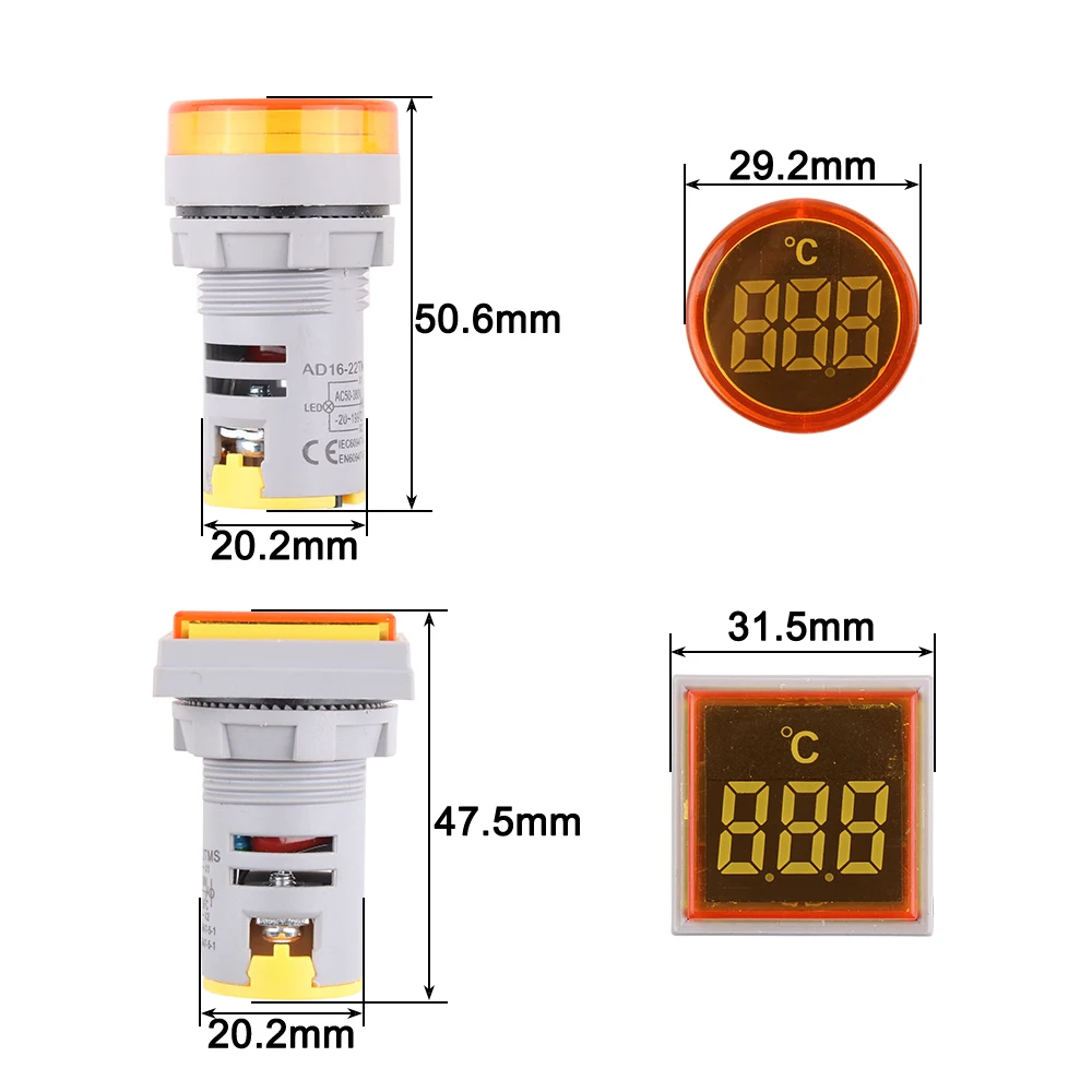 22Mm Nhựa Mini LED Đa Năng-20-119 C 50-380V AC Màu Xanh Dương Đỏ Trắng màu Vàng Xanh Lá Phi Công Ánh Sáng Đồng Hồ Đo Nhiệt Độ