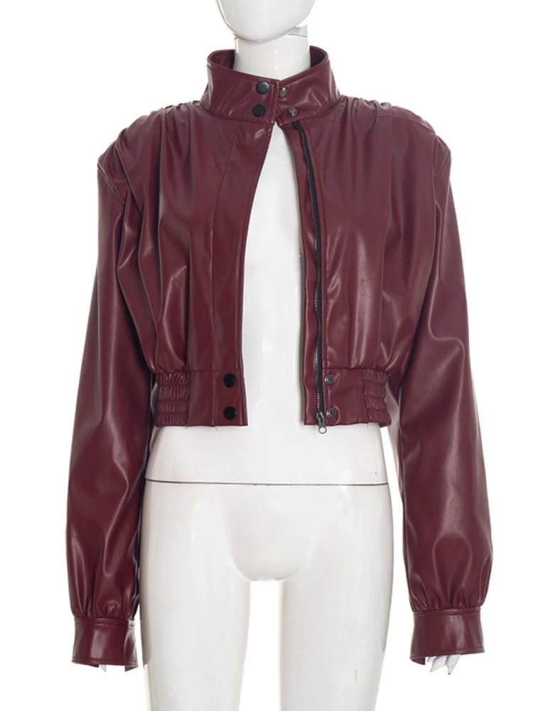 เสื้อแจ็คเก็ตหนังเทียมคอตั้งทรงสั้นสไตล์สตรีทแฟชั่น  แบบต่อผ้าสีพื้น  รุ่นใหม่สำหรับผู้หญิง