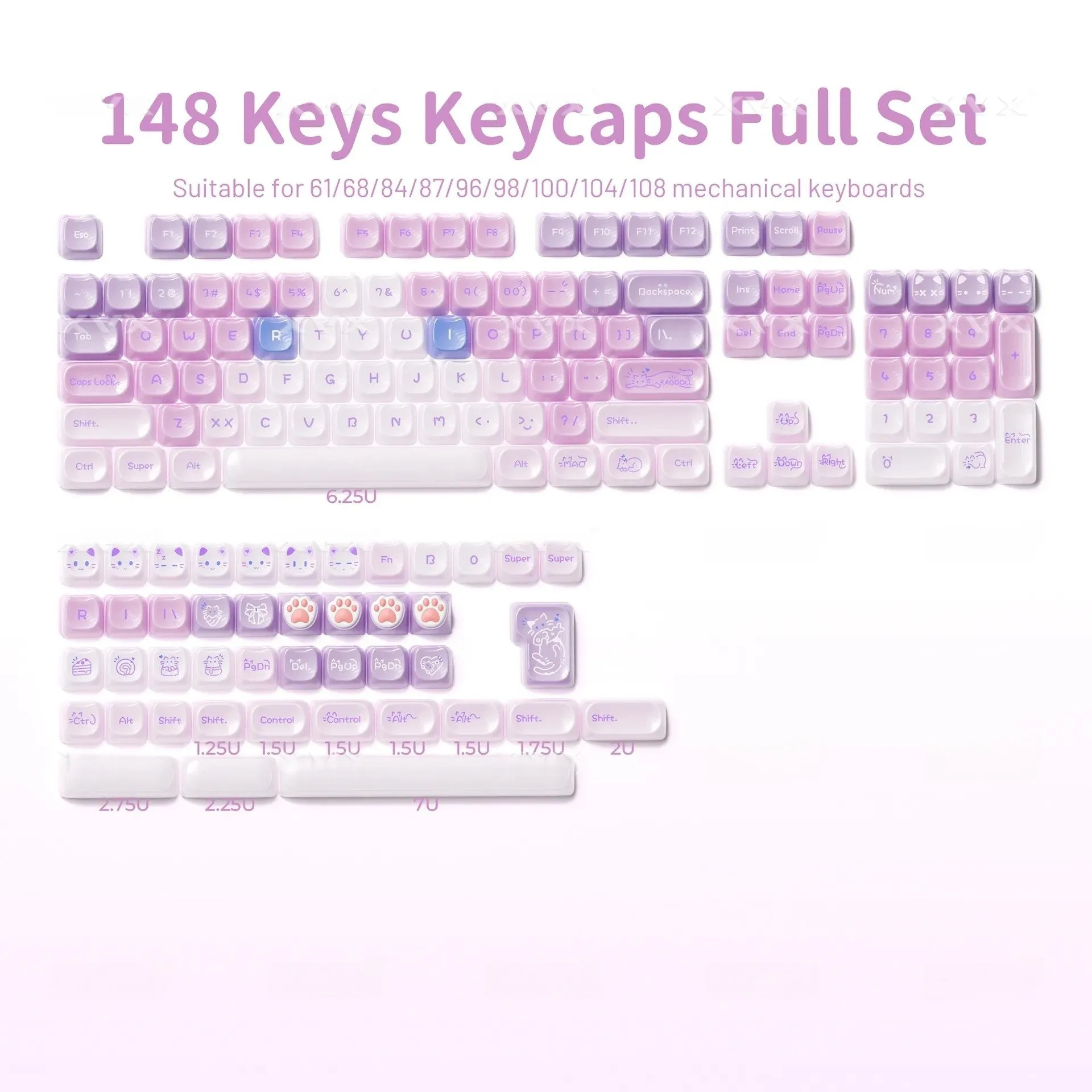 

148 keys Full set Cat theme MAO profile PC material keycaps for 61/87/96/98/104/108 Cherry MX Switch Gaming Mechanical Keyboard