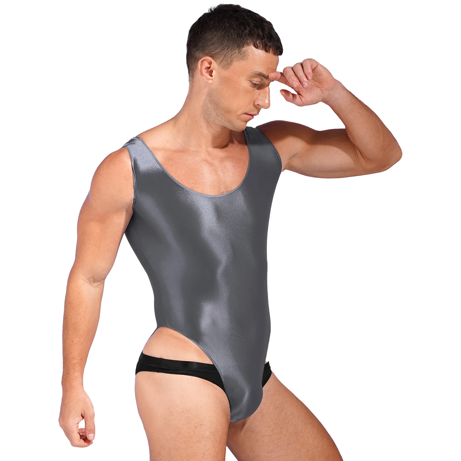 Costumi da bagno uomo lucido Backless body Pool Party costume intero taglio alto senza maniche body allenamento sportivo Yoga Fitness