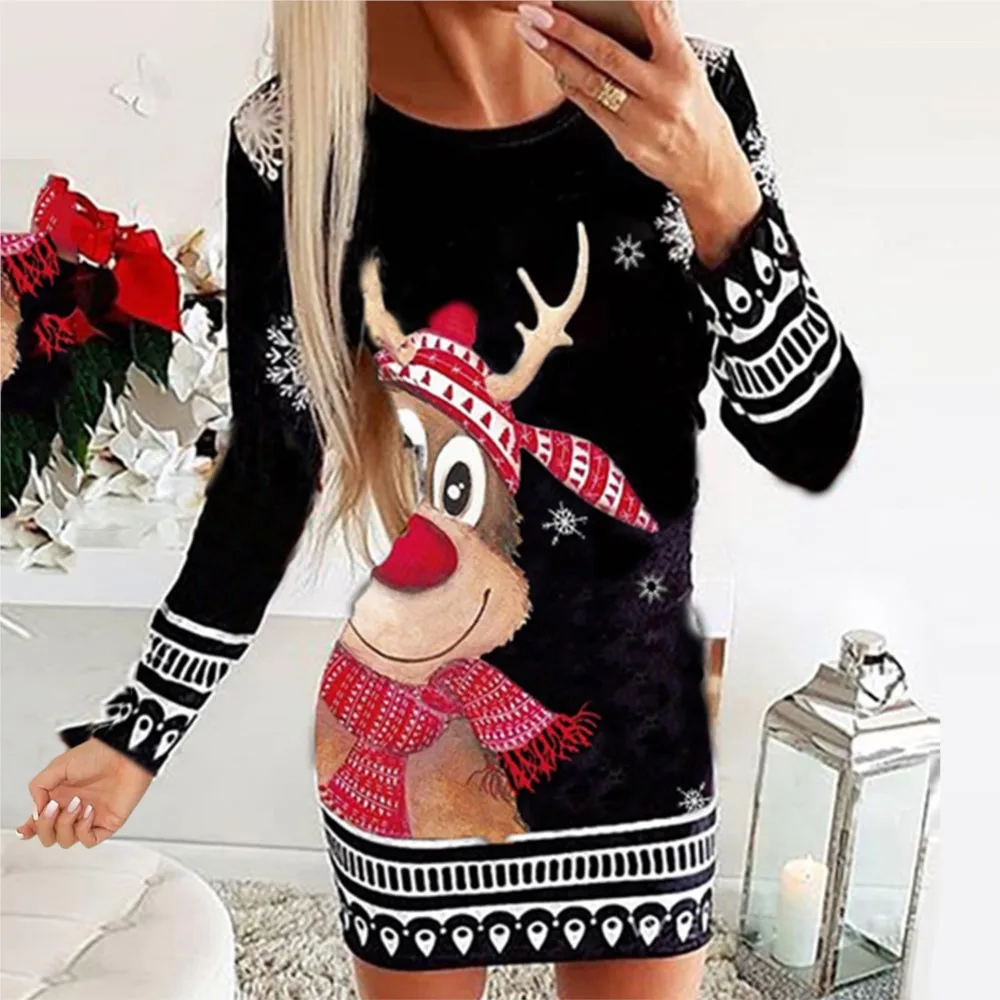 2024 frauen Langarm Rundhals Pullover Weihnachts Drucken Sexy Kleid Herbst Und Winter Neue Slim Fit Pullover T-shirt Kleid