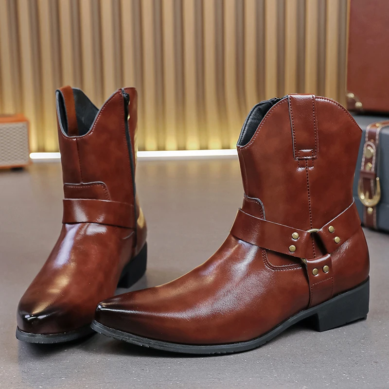

Retro Brown Western Boots Man Plus Size 46 High Quality Leather Boots For Men Autumn Pointed Men's Ankle Boots botas para hombre