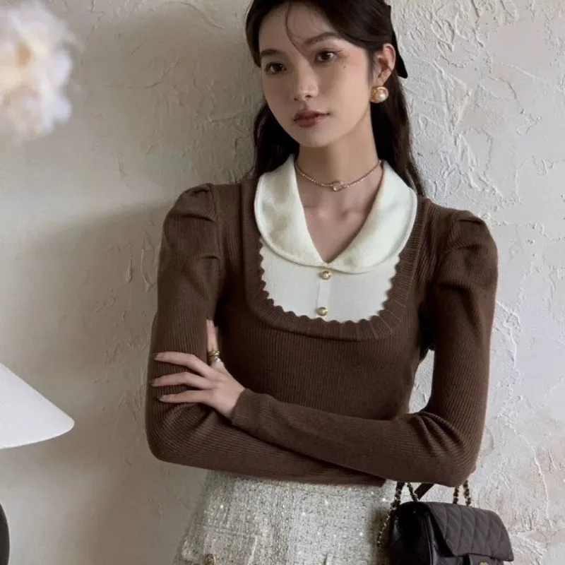 Peter Pan Collar Knitting Bottoming Shirt Women Autumn Winter Elegant Temperament Puff Sleeve Sweater All-match Knitwear Tops