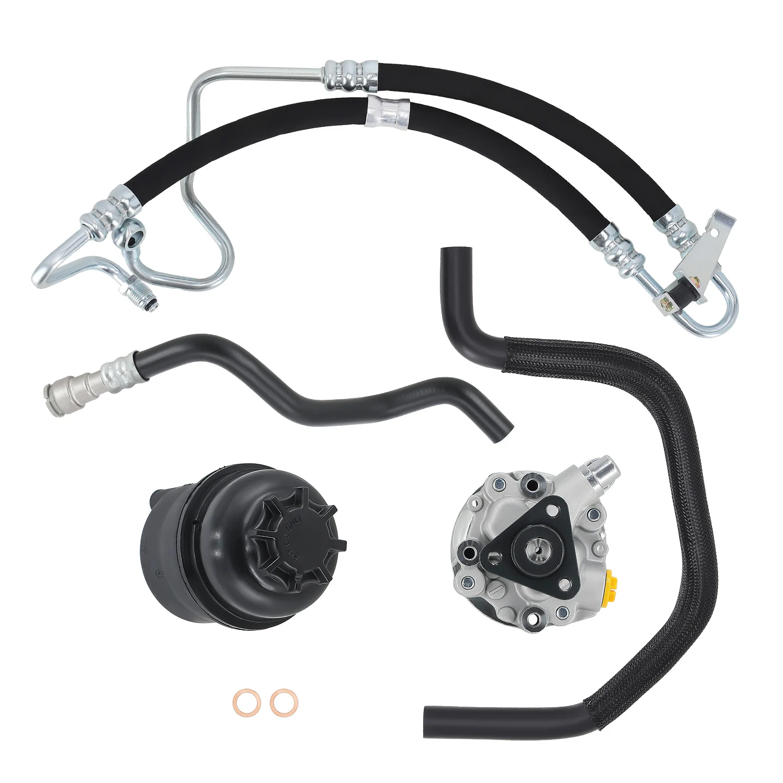 553-58945, 553-59076 Power Steering Pump+Hoses+Reservoir w/ Cap Kit for BMW E46 325i 330i 2001-2005