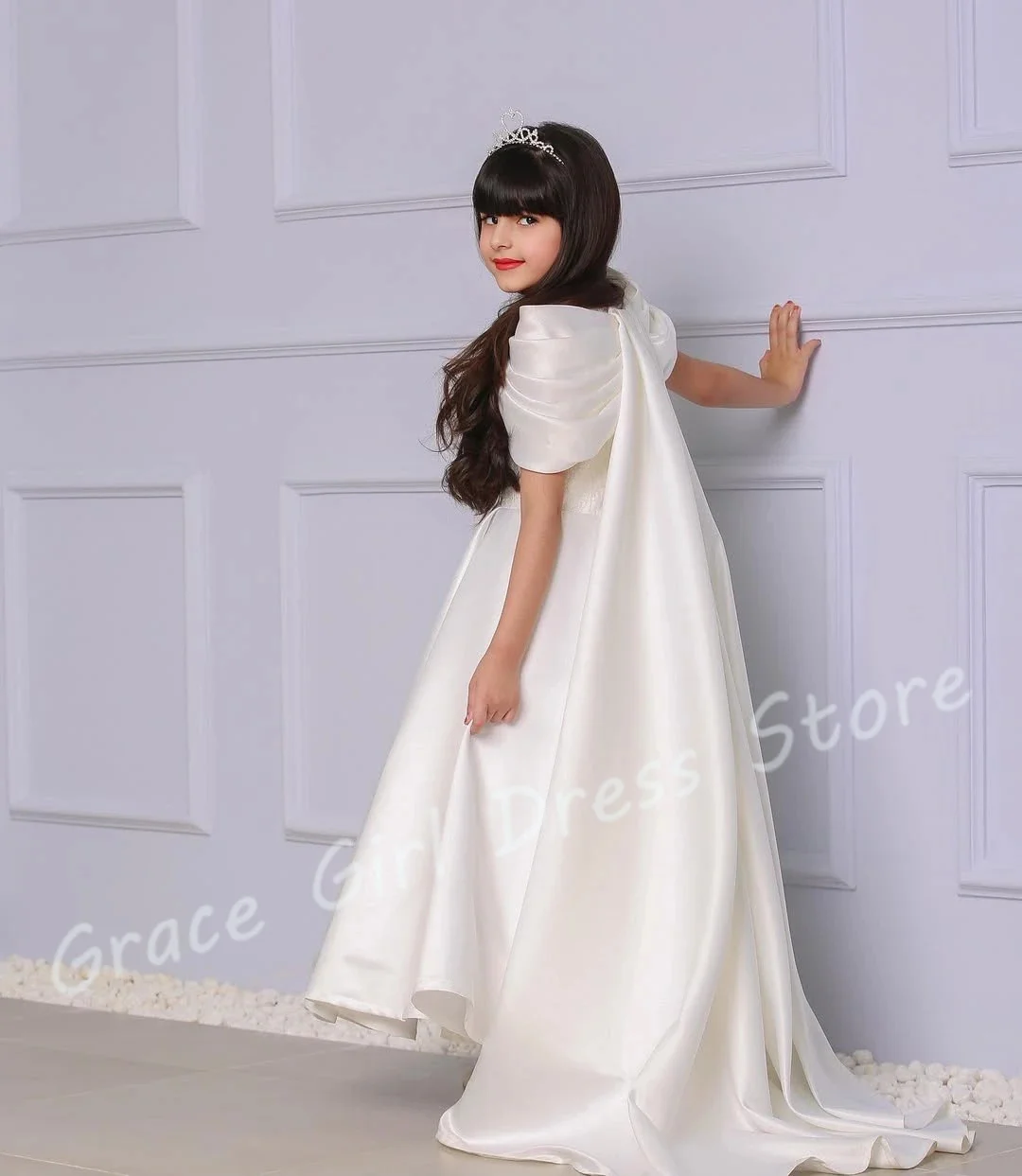 Customized Ivory Flower Girl Dress For Wedding Appliques Satin Shawl Luxury Princess First Communion Formal Occasion Prom Gown