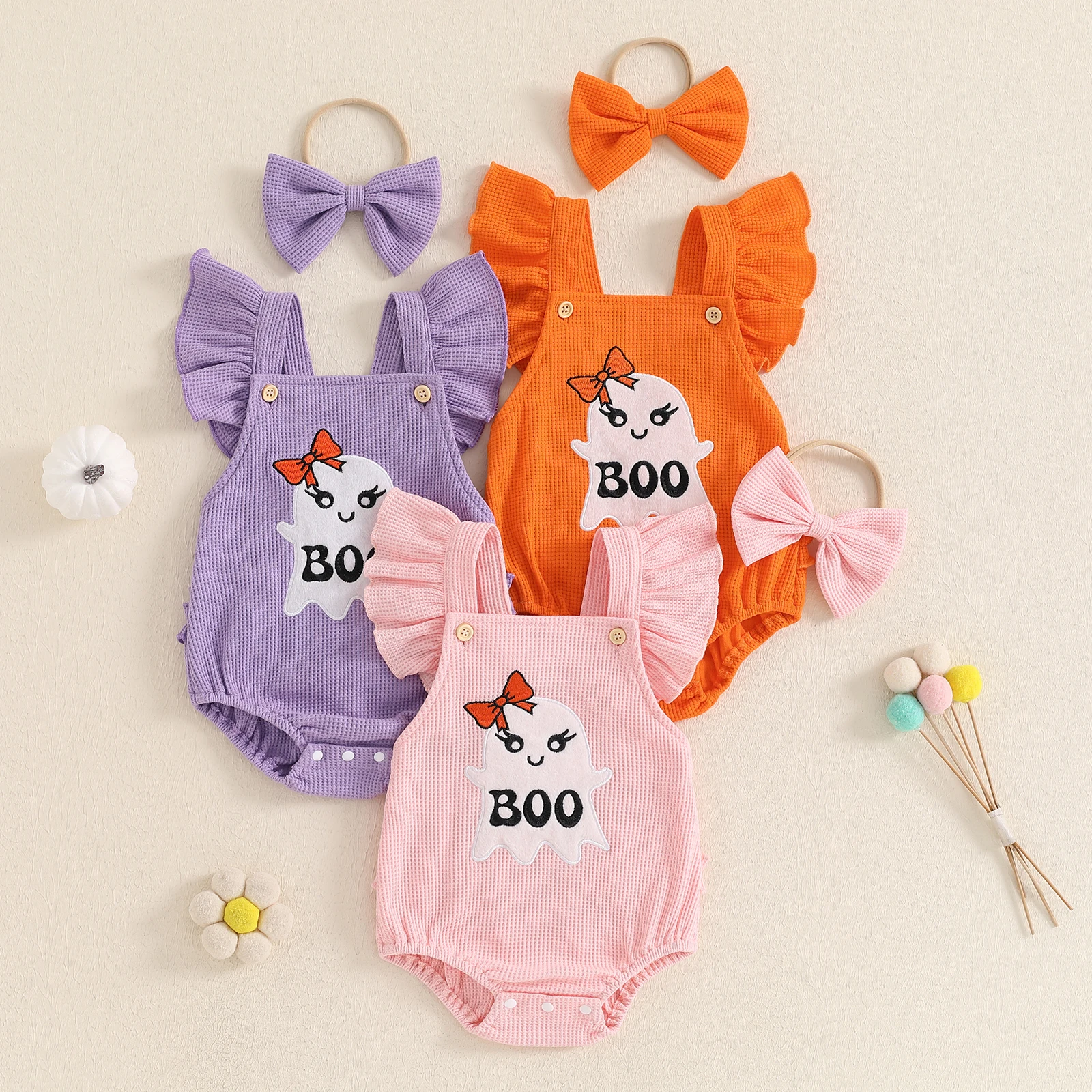 BeQeuewll Flying Sleeve Newborn Baby Girls Bodysuit Cute Infant Outfits Embroidery Ghost Romper with Hairband Halloween Clothes