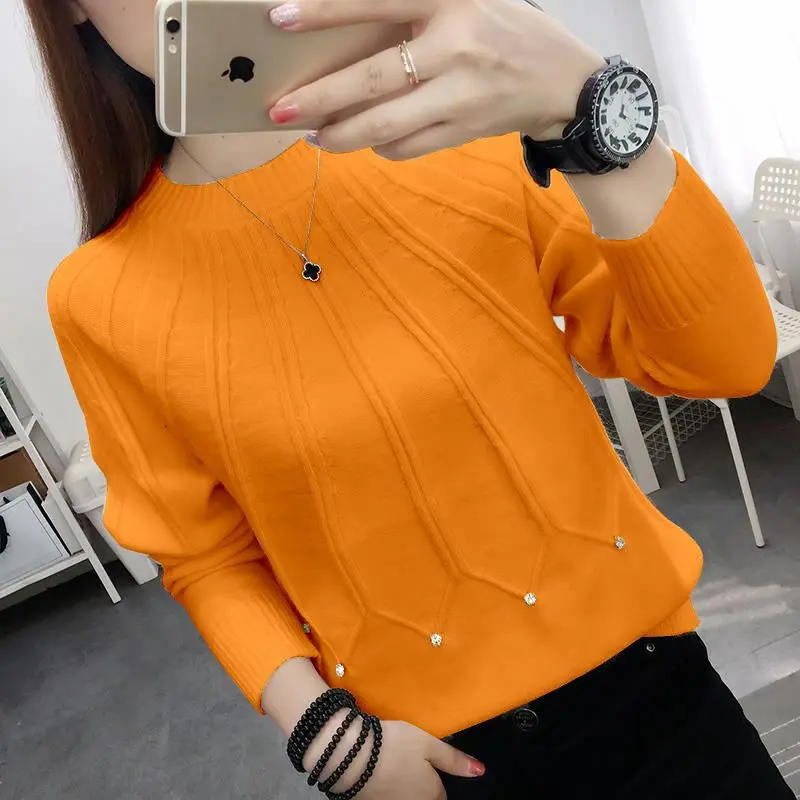 Fashion O-Neck Solid Color Diamonds Sweater Women\'s Clothing 2023 Spring New Loose Casual Pullovers All-match Korean Tops